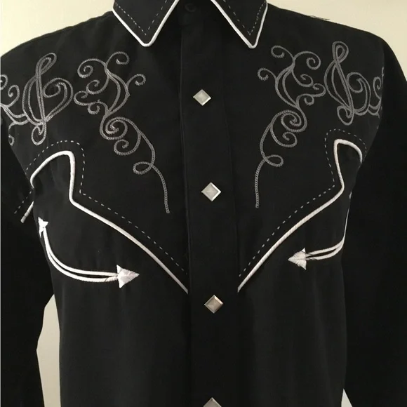 Panhandler Slim Western Wear Black Embroidered Pearl Diamond Snap Button Shirt - Picture 9 of 14